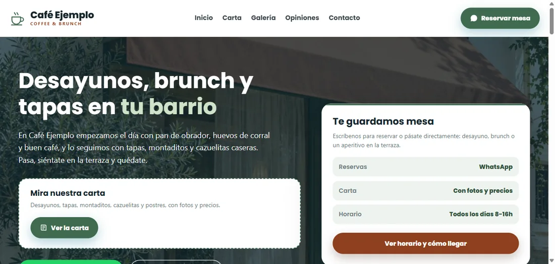 Web de ejemplo de una cafetería creada por PymeWebApp, con carta, galería y reserva de mesa