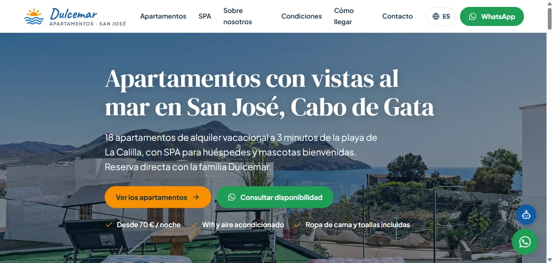 Web de Apartamentos Dulcemar, alquiler vacacional en San José, proyecto de PymeWebApp