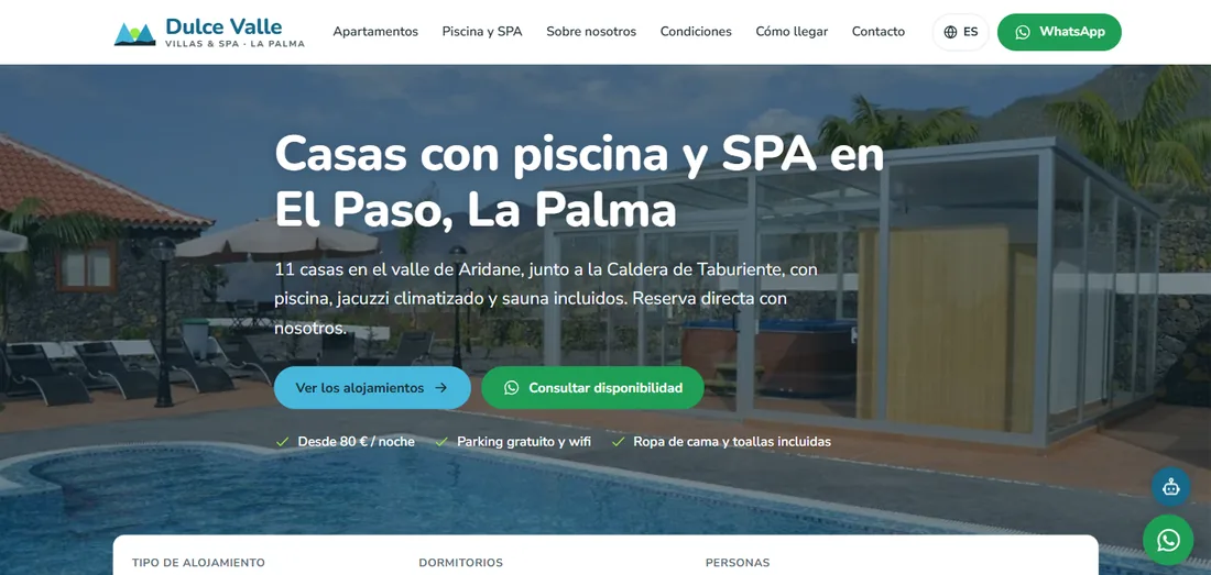 Web de Dulce Valle Villas & Spa, alojamiento vacacional en La Palma, proyecto de PymeWebApp